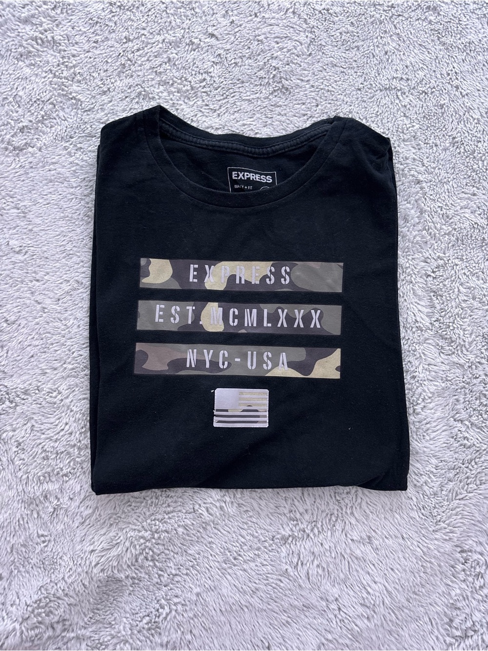 Express Black Tee with Green and Tan Camo Graphic